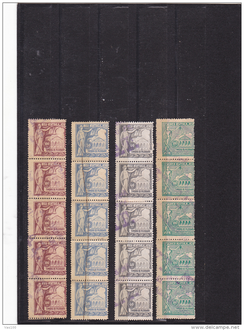 #200  JUDICIAL STAMPS, REVENUE STAMP, 40, 50, LEI, 2X 100 LEI, 5 STAMPS  IN STRAIF, ROMANIA. - Fiscale Zegels