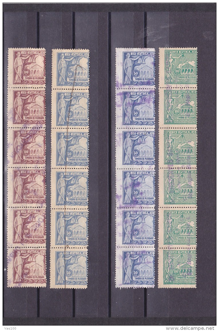 #200  JUDICIAL STAMPS, REVENUE STAMP, 40, 50, LEI, 2X 100 LEI, 6 STAMPS  IN STRAIF, ROMANIA. - Fiscale Zegels