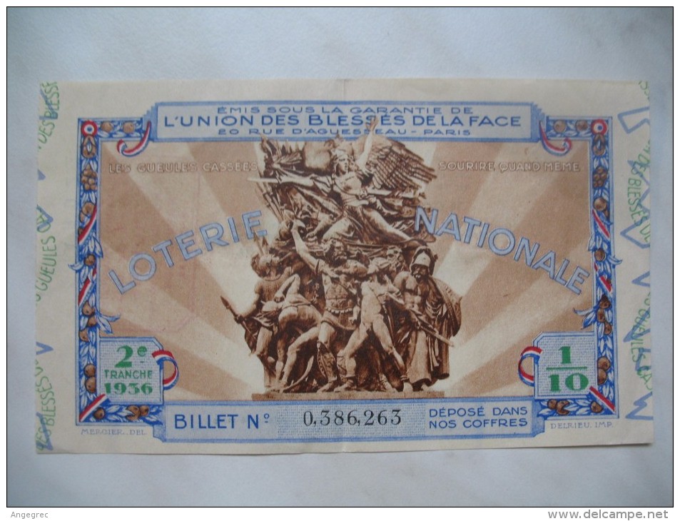 Loterie Nationale " Union Des Blessés De La Face " - " 2 E Tranche 1936 Billet N° 0.386.263 - Autres & Non Classés
