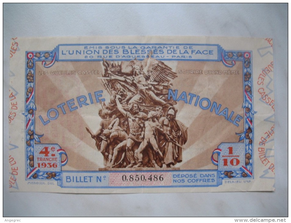 Loterie Nationale " Union Des Blessés De La Face " - " 4 E Tranche 1936 Billet N° 0.850.486 - Autres & Non Classés