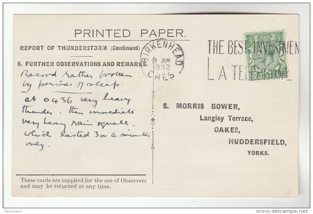 1932 Birkenhead GB COVER  SLOGAN INVEST TELEPHONE Postcard Re METEOROLOGY STORM REPORT Gv Stamps Telecom - Covers & Documents