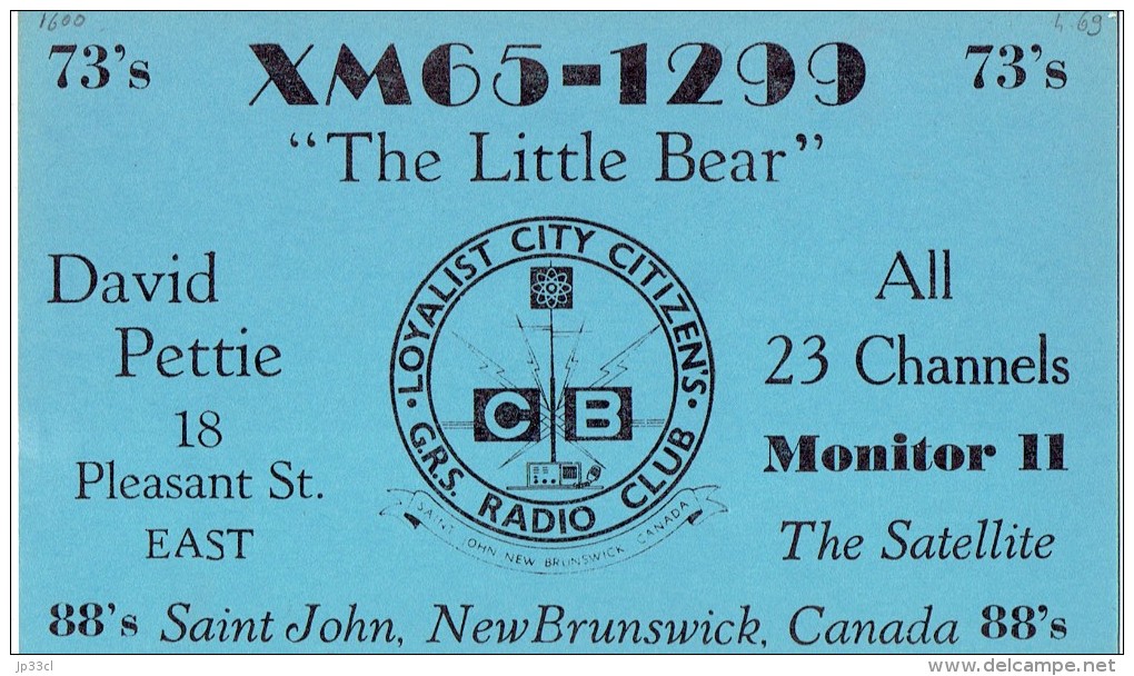 Old QSL From XM65-1299 The Little Bear, David Pettie, Pleasant St East Saint John NB Canada 1969 - CB