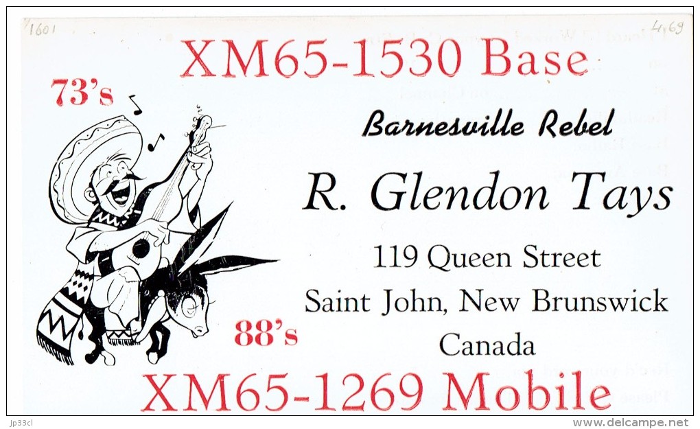 Donkey Mexican Sombrero Guitar Man On QSL From XM65-1530 Barnesville Rebel R. Glendon Tays Saint John NB Canada (1969) - CB