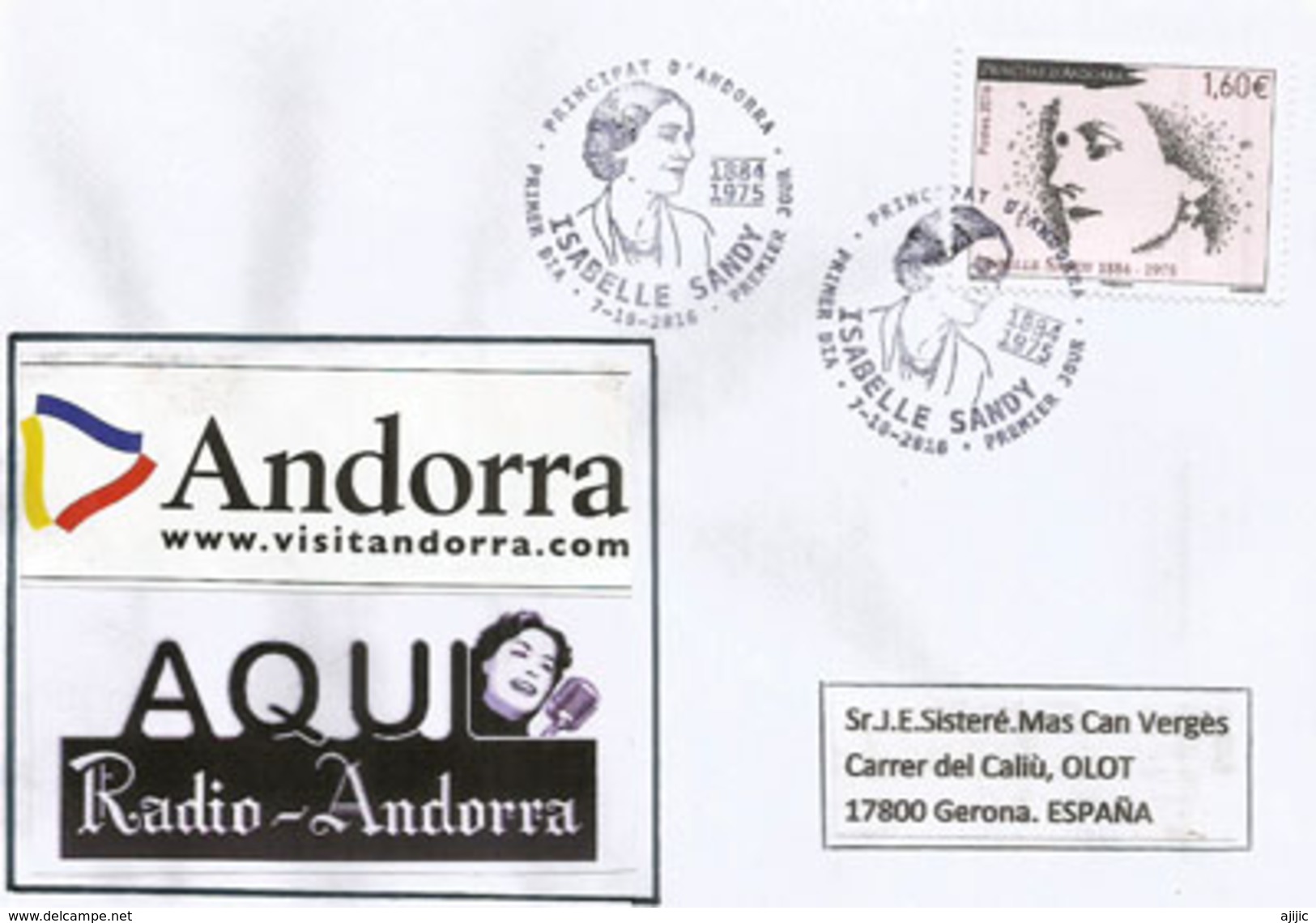 Isabelle Sandy, La VOIX De RADIO ANDORRA Dans Les Années 1960-1970, Lettre FDC Adressée Espagne - Télécom