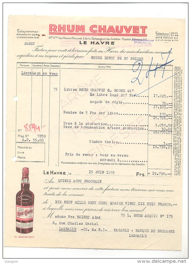 FACTURE ALCOOL - LE HAVRE - RHUM CHAUVET - 1953 - Alimentaire
