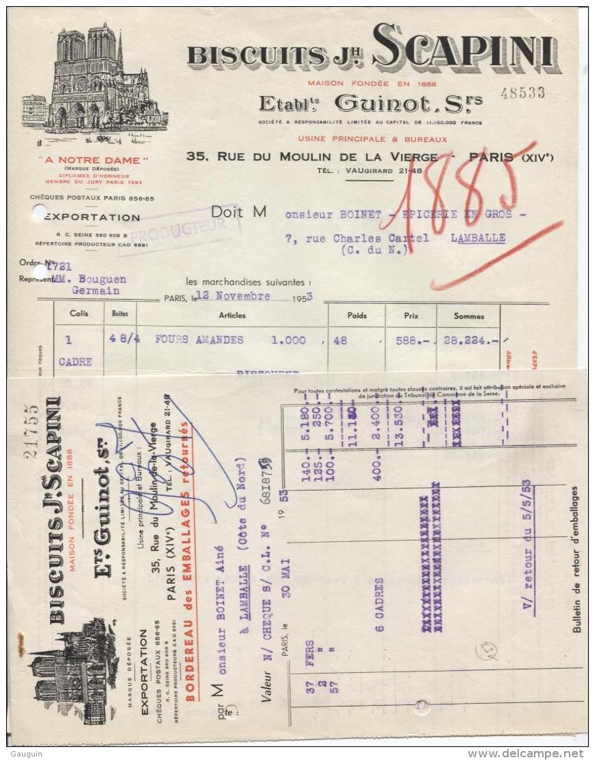 FACTURE ALIMENTAIRE - PARIS - BISCUITERIE JH.SCAPINI - 1953 - Alimentaire