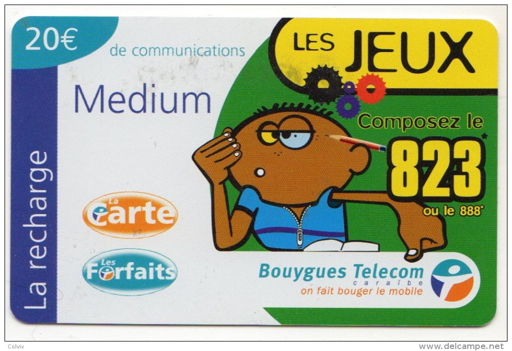 ANTILLES FRANCAISES RECHARGE BOUYGUES TELECOM LES JEUX MEDIUM 20€ Date 03/2002 - Antilles (Françaises)