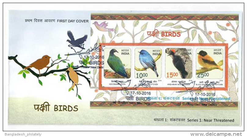 INDIA 2016 Near Threatened RARE BIRDS Miniature Sheet FDC Vogel Pigeon Bird - Sparrows