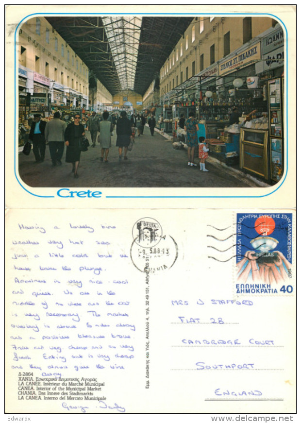 Chania Municipal Market, Crete, Greece Postcard Posted 1988 Stamp - Grèce