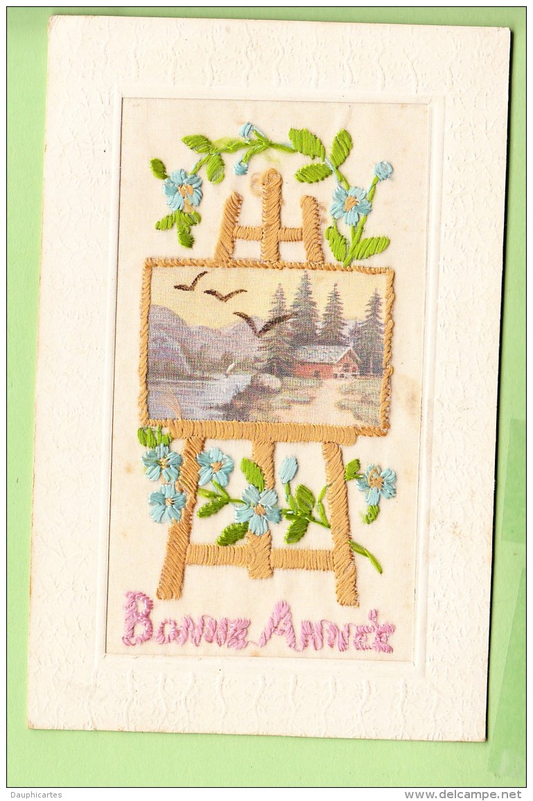 Chevalet De PEINTRE Brodé Et Tableau De Paysage Aquarellisé Pour Une Bonne Année  - Belle CPA En BE -2 Scans - Brodées