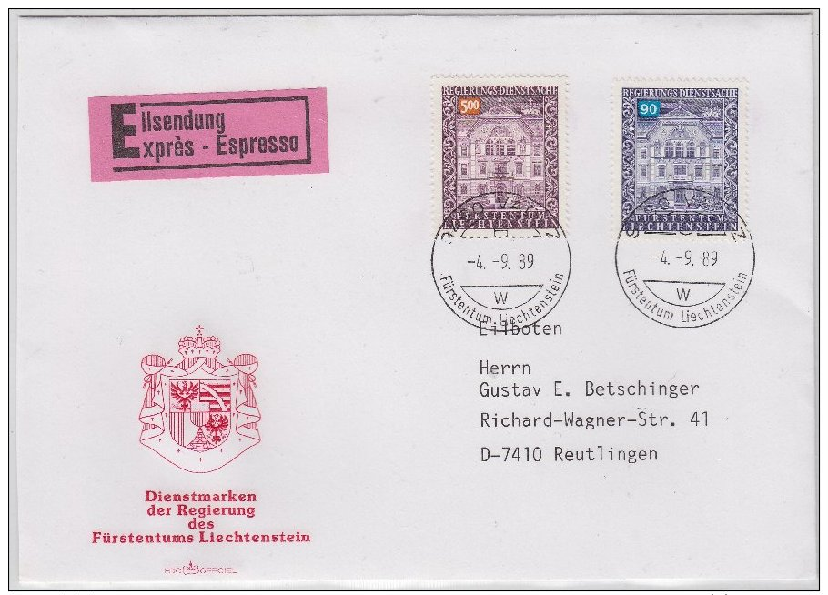 Liechtenstein, 5 Fr. Dienst U.a., Eil -FDC, Vaduz 1989 - Sonstige & Ohne Zuordnung