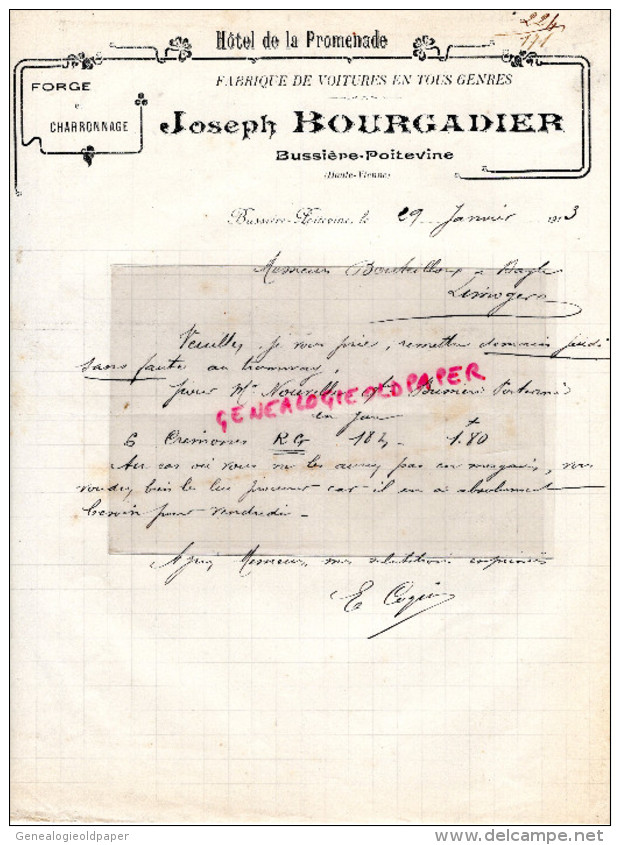 87 - BUSSIERE POITEVINE - FACTURE JOSPEH BOURGADIER- HOTEL DE LA PROMENADE- FABRIQUE VOITURE FORGE-1913 - 1900 – 1949