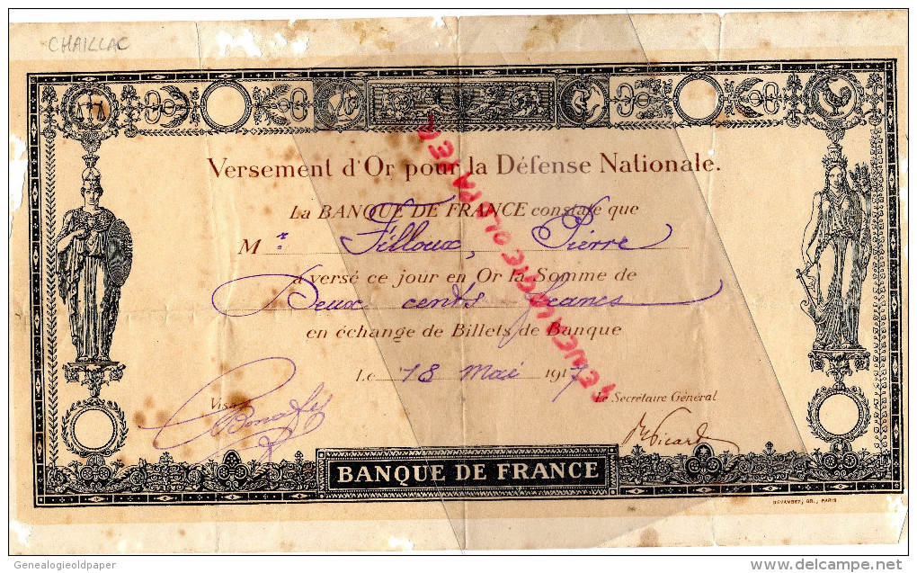 87 - CHAILLAC SUR VIENNE -CRAMAUX -PIERRE FILLOUX- VERSEMENT OR DEFENSE NATIONALE -200 CENTS FRANCS- 1917-BANQUE FRANCE - 1900 – 1949