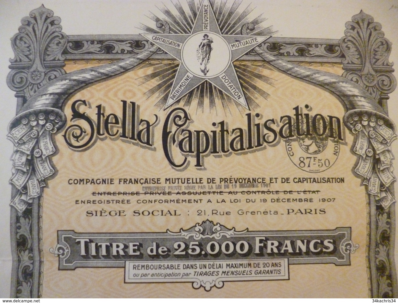 Action Titre De 25 000 Francs Stella Capitalisation 1932 - Banque & Assurance