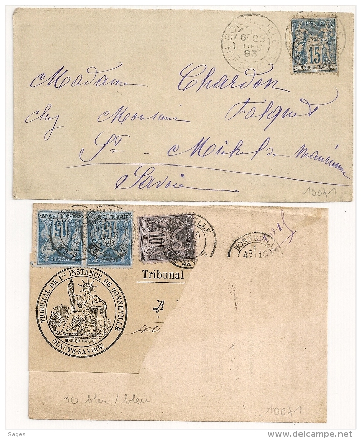 Avec  PAIRE 15C SAGE Bleu Sur Bleu, BONNEVILLE Haute Savoie Sur 2 Devants Au Type SAGE. - 1876-1898 Sage (Type II)