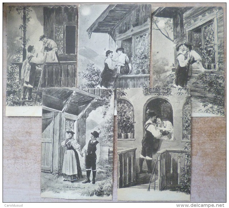 CPA PRECURSEUR Lot 5x Serie Photo Litho Montage SCOLIK Scene HOMME SUR ECHELLE FLIRT FEMME BALCON - Scolik, Charles