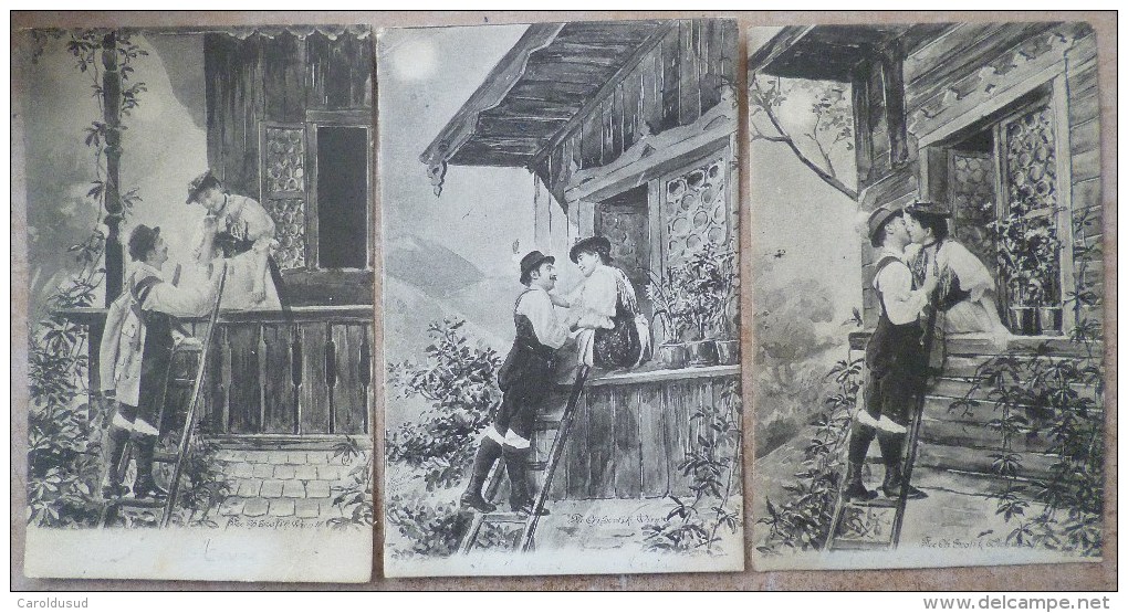 CPA PRECURSEUR Lot 5x Serie Photo Litho Montage SCOLIK Scene HOMME SUR ECHELLE FLIRT FEMME BALCON - Scolik, Charles