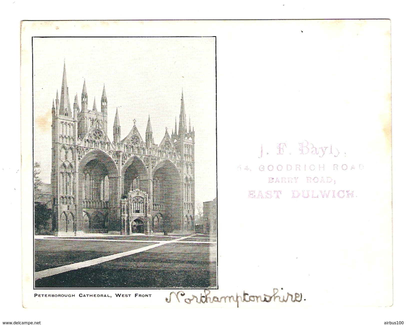 GB POST CARD - PETERBOROUGH CATHEDRAL WEST FRONT -  J.F. BAYLY BARRY ROAD EAST DULWICH - 2 Scans - - Northamptonshire