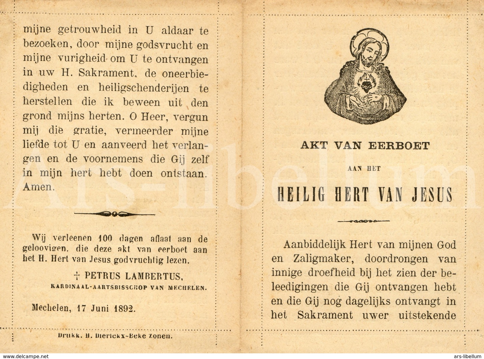 Devotieprentje / Akt Van Eerboet / Heilig Hart Van Jezus / Mechelen / 1892 / 2 Scans - Devotieprenten