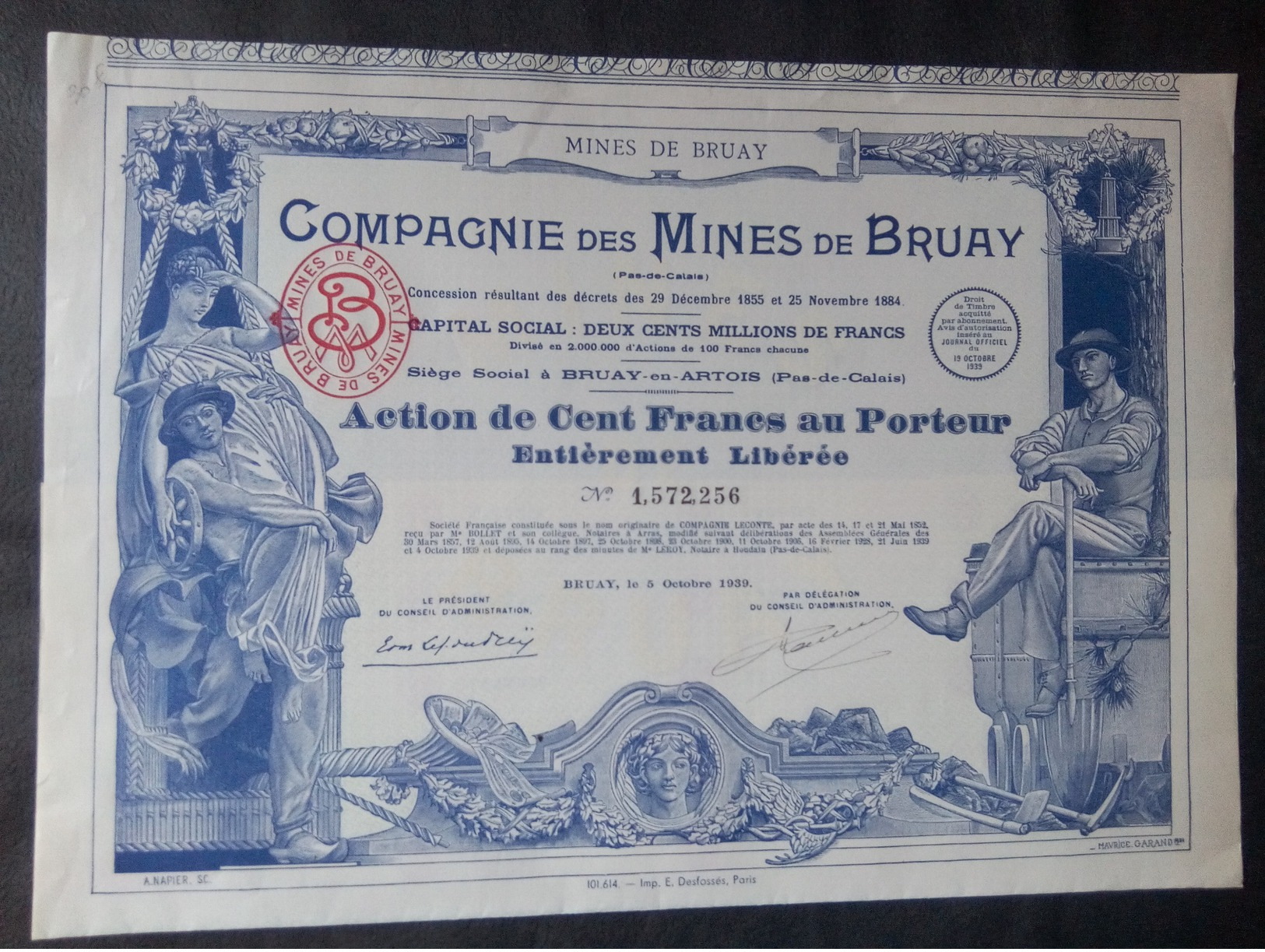 1 Cie Mines  Bruay 1939 Action + Coupons Dispo + TITRES Décorés - Autres & Non Classés