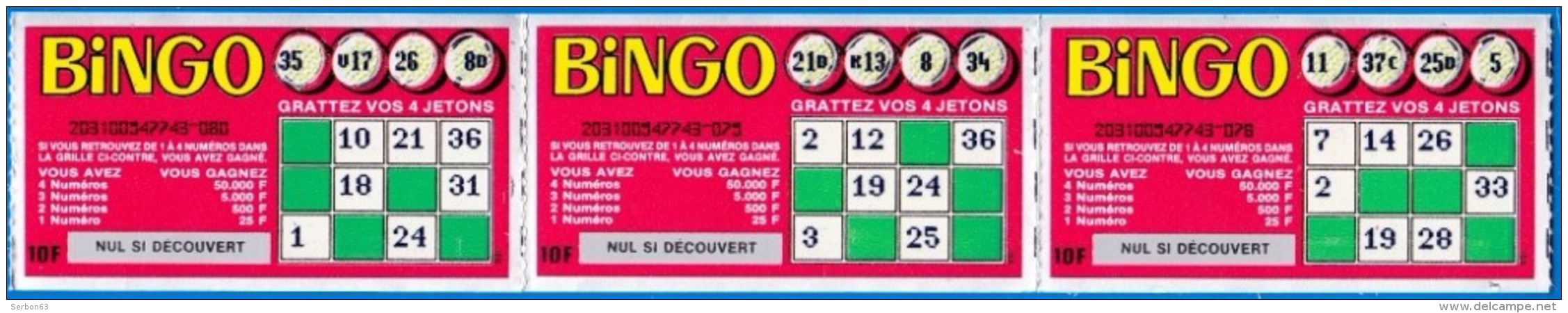 3 BINGO ATTACHES TICKET DE GRATTAGE PARFAIT LOTERIE FDJ FRANCAISE DES JEUX 203100547743-078 A 080 EMISSION ISB N° 1 - Lottery Tickets
