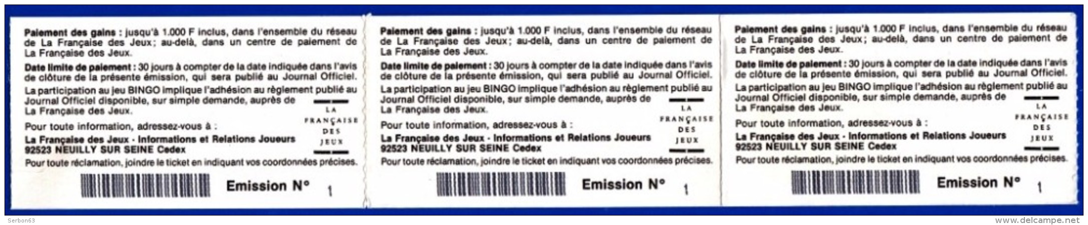 3 BINGO ATTACHES TICKET DE GRATTAGE PARFAIT LOTERIE FDJ FRANCAISE DES JEUX 203100547743-078 A 080 EMISSION ISB N° 1 - Billets De Loterie