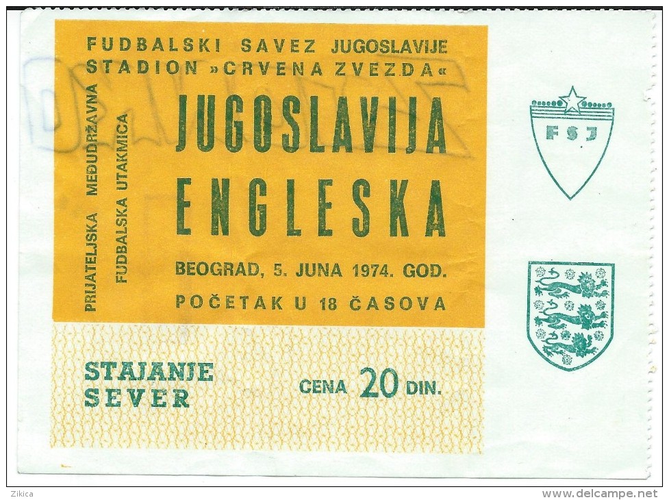 Sport Match Ticket (Football / Soccer) - Yugoslavia Vs England 1974-06-05 - Biglietti D'ingresso