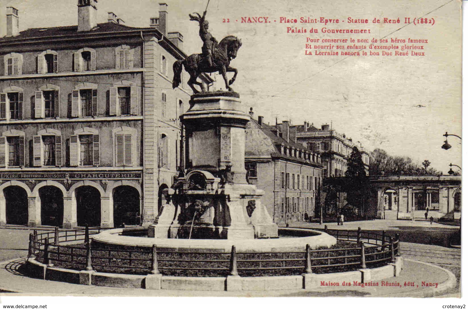 54 Nancy N°22 Place St Epure Statue René II Palais Du Gouvernement En 1931 Epicerie Fruiterie Poissons Charcuterie - Nancy