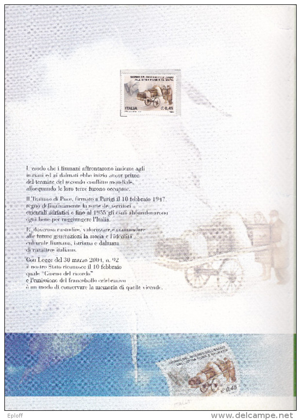 ITALIE 2005 Seconde Guerre Mondiale Exode De L'Istrie, Fiume, Dalmacie : Livret Avec 1v., 3 Env.1er Jour,1 Carte Tél. - Varietà E Curiosità
