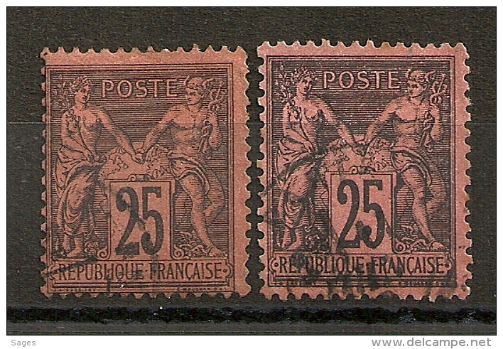 DEUX SAGE 25C NOIR S ROUGE. 2 NUANCES DIFFERENTES Dont Sur Noir Foncé.  Cote:55EUR - 1876-1898 Sage (Type II)