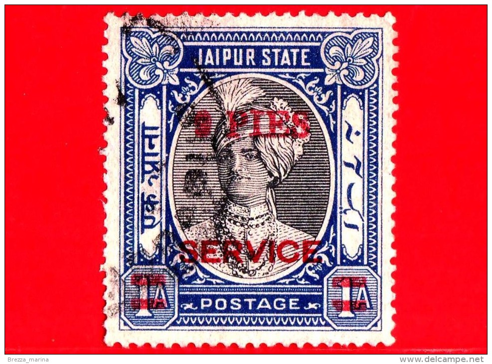 India - JAIPUR - Usato - 1947 - Maharaja Man Singh II - Sovrastampato In Rosso SERVICE -  9 Pies  Su 1 - Jaipur