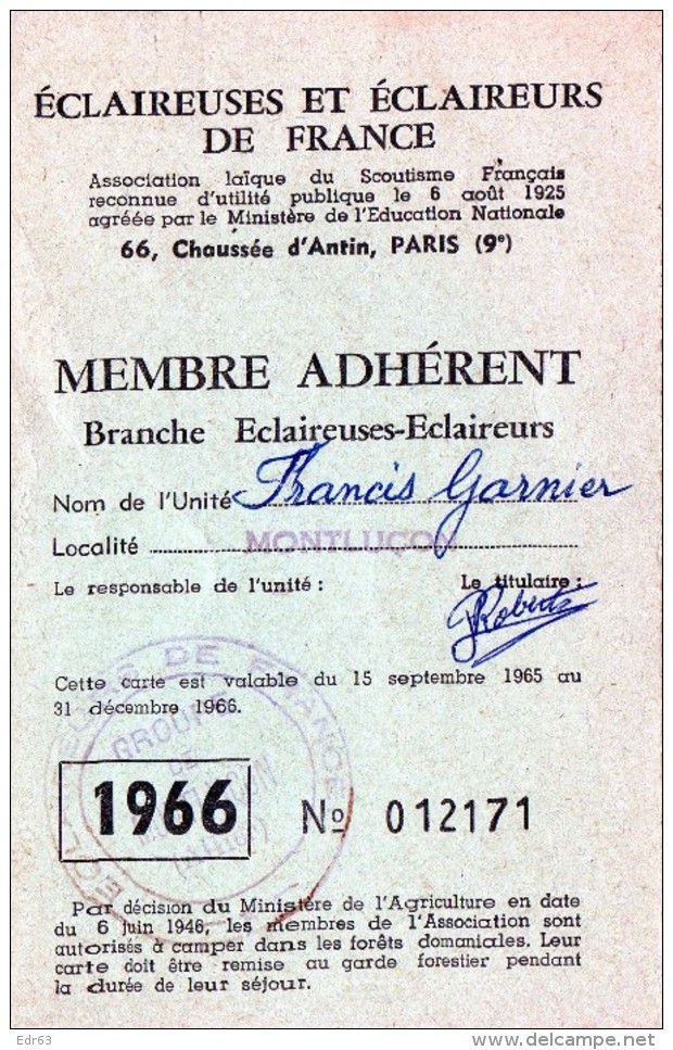 Cartes > Non Classés Eclaireuses Et Eclaireurs De France Carte De Membre Adhérant - Autres & Non Classés