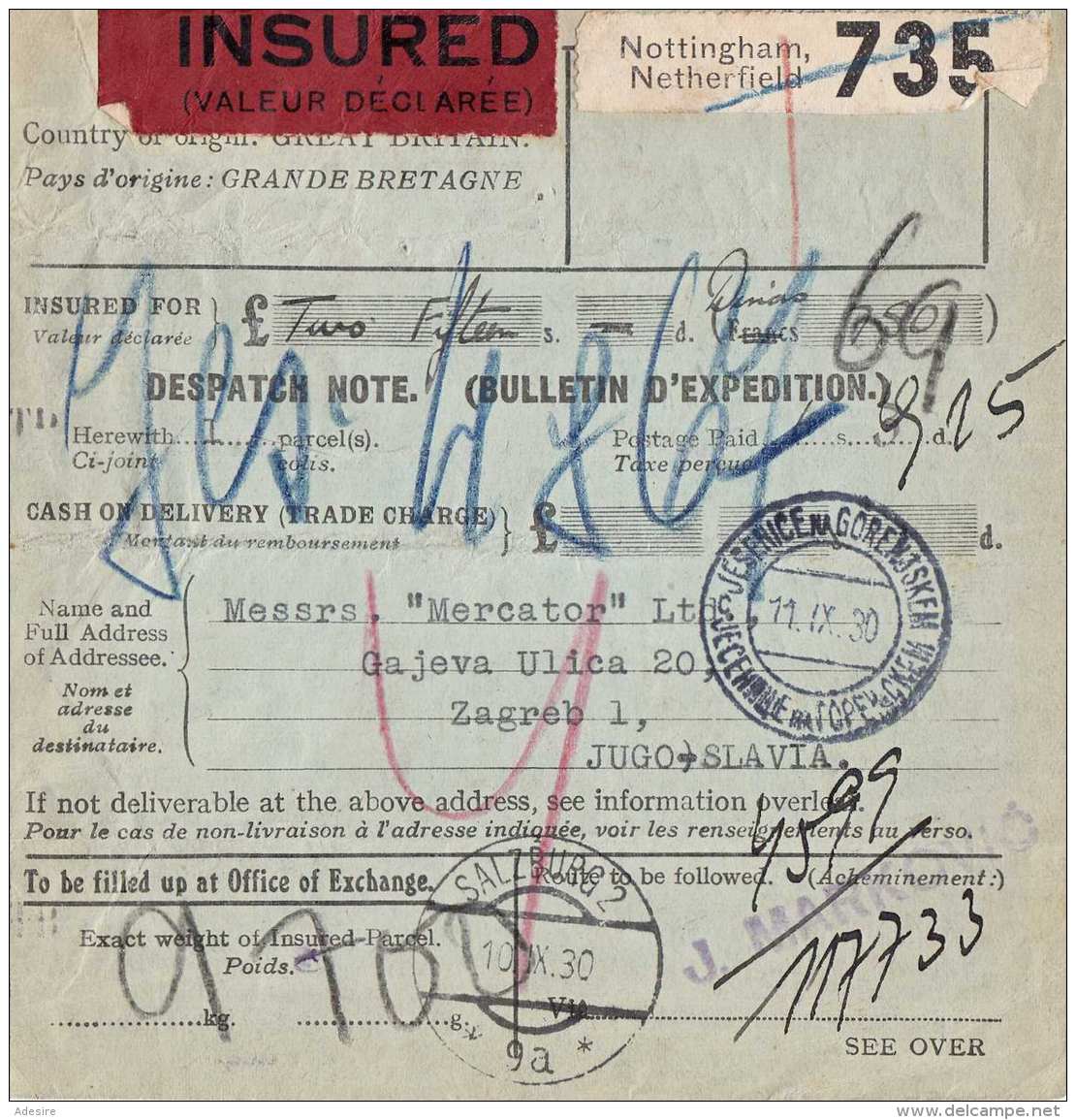 ENGLAND/JUGOSLAWIEN 1930 - 2 Din + 5 Din Nachporto Auf Paketkarte Insured Von Nottingham Nach Zagreb - Briefe U. Dokumente