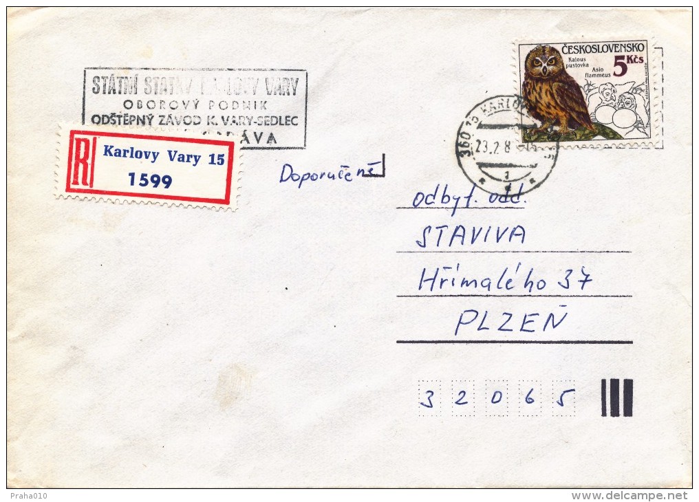 K9436 - Czechoslovakia (1988) 360 15 Karlovy Vary 15 (R-letter) Tariff 5 Kcs (stamp: Owls - Asio Flammeus) - Eulenvögel