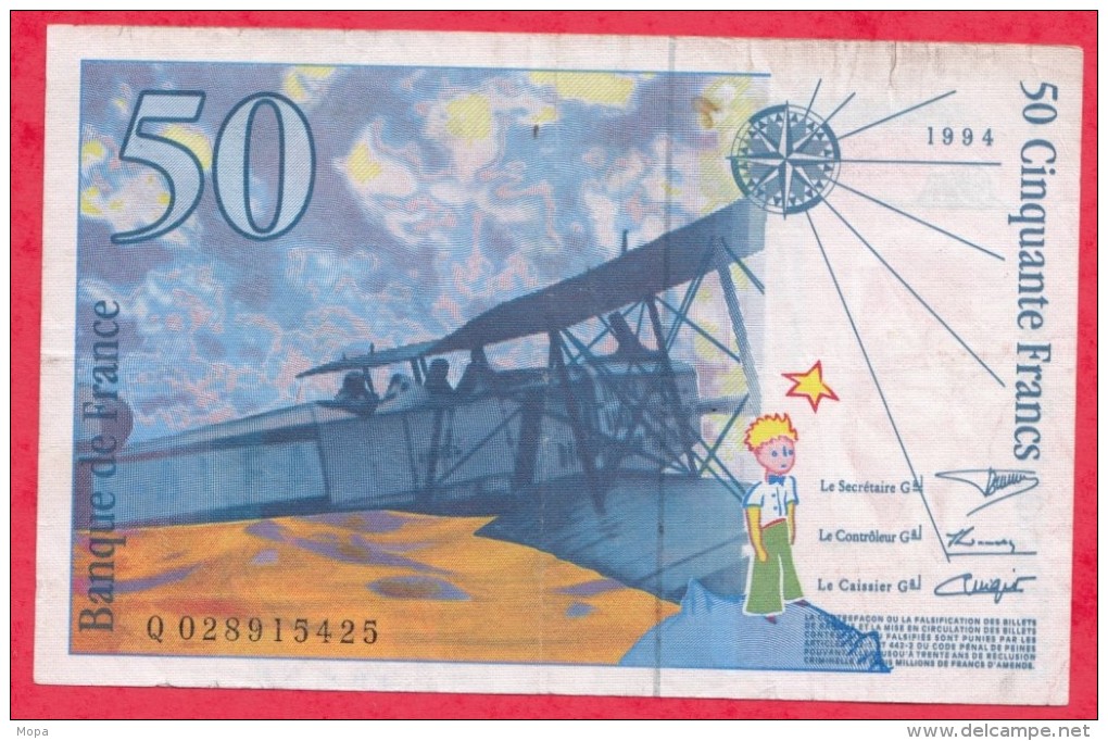 50 Francs "St Exupéry" 1992 N ° Q.028915425 (coupure à 14.00) Dans L ´état - 50 F 1992-1999 ''St Exupéry''