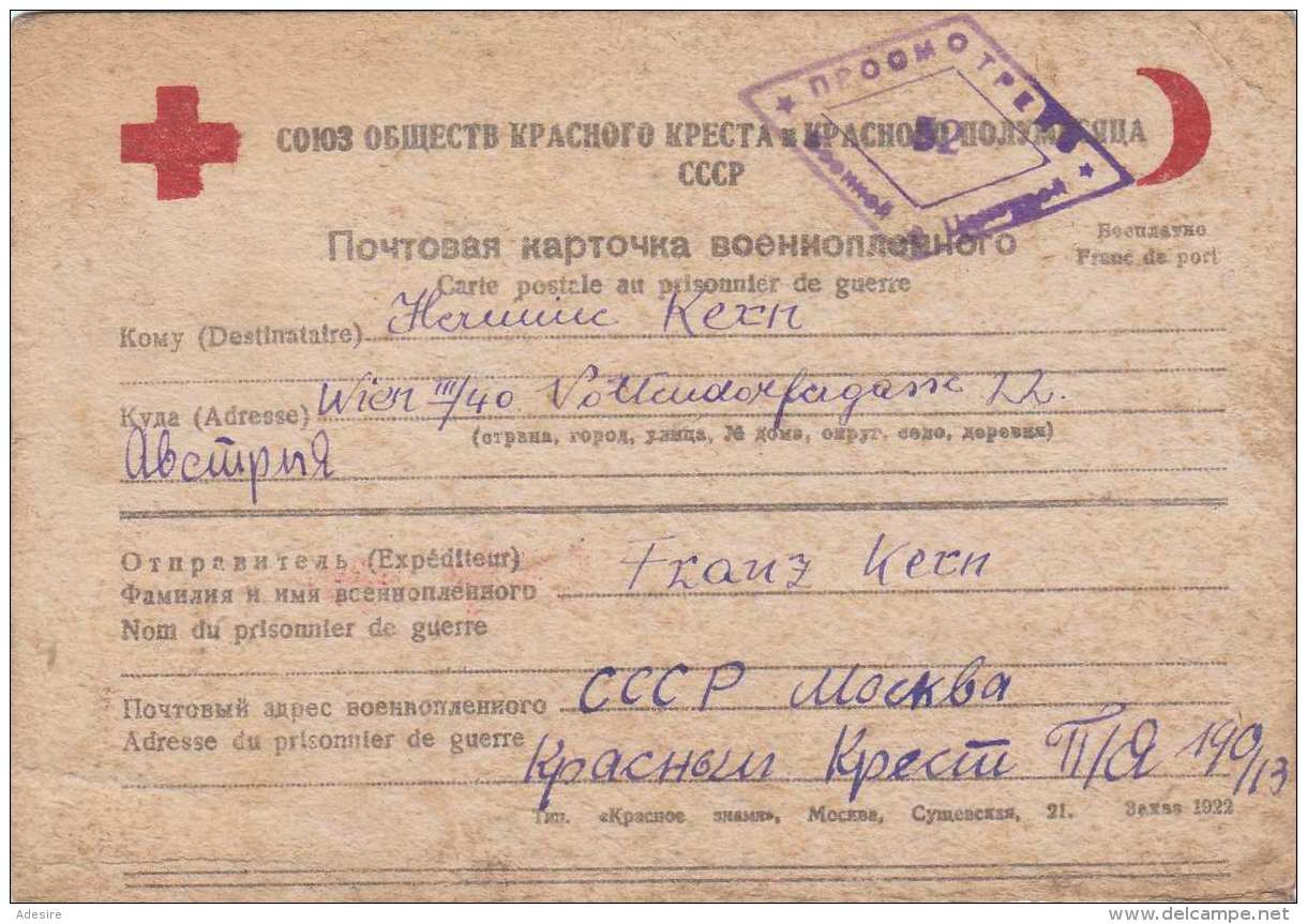 Rote Kreuzkarte Aus Russland Moskau Gel.1945 Nach Wien, Russischer Stempel, Sohn Schreibt Seiner Mutter Aus ... - Covers & Documents