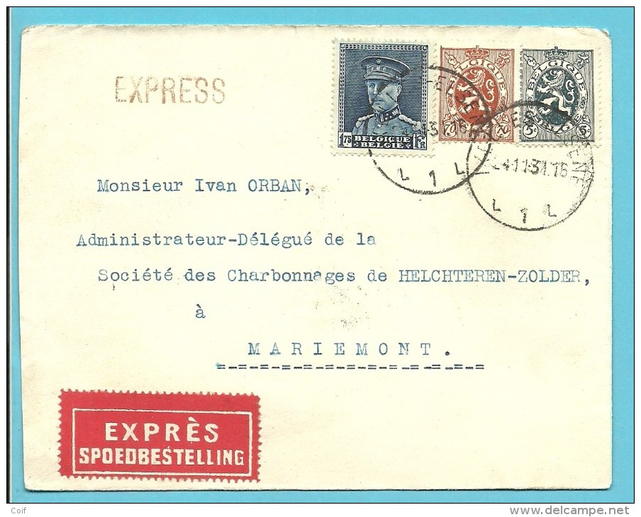 279+287+320 Op Brief Per EXPRES Met Stempel IXELLES-ELSENE Met Als Aankomst Verso Spoorwegstempel MARIEMONT N°1 - 1931-1934 Kepi