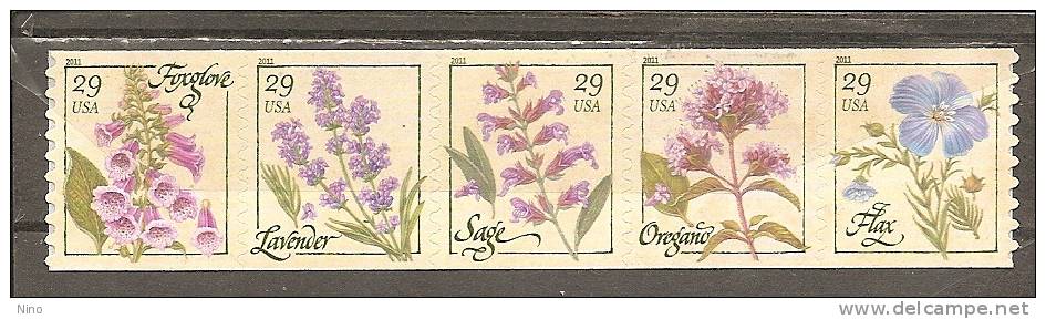 USA. Scott # 4513-17a, MNH. Coil Strip Of 5. Flowers  2011 - Roulettes