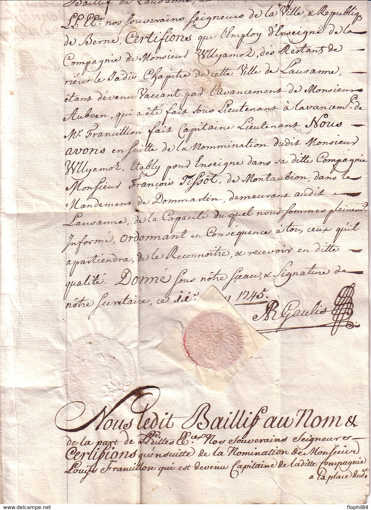 SUISSE - BREVET D'ENSEIGNE DE LA COMPAGNIE DE WLLYAMOR - BAILLI DE LAUSANNE - 1745 - PERIODE LOUIS XV. - Other & Unclassified