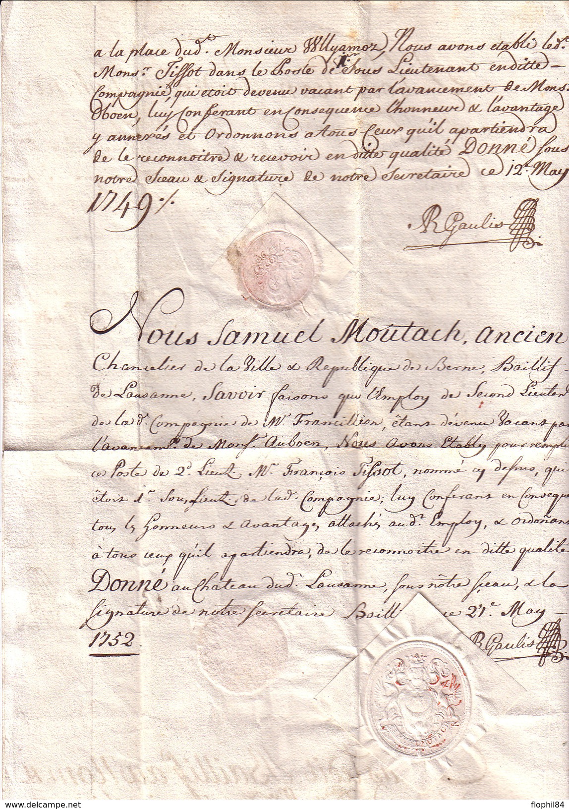 SUISSE - BREVET D'ENSEIGNE DE LA COMPAGNIE DE WLLYAMOR - BAILLI DE LAUSANNE - 1745 - PERIODE LOUIS XV. - Other & Unclassified