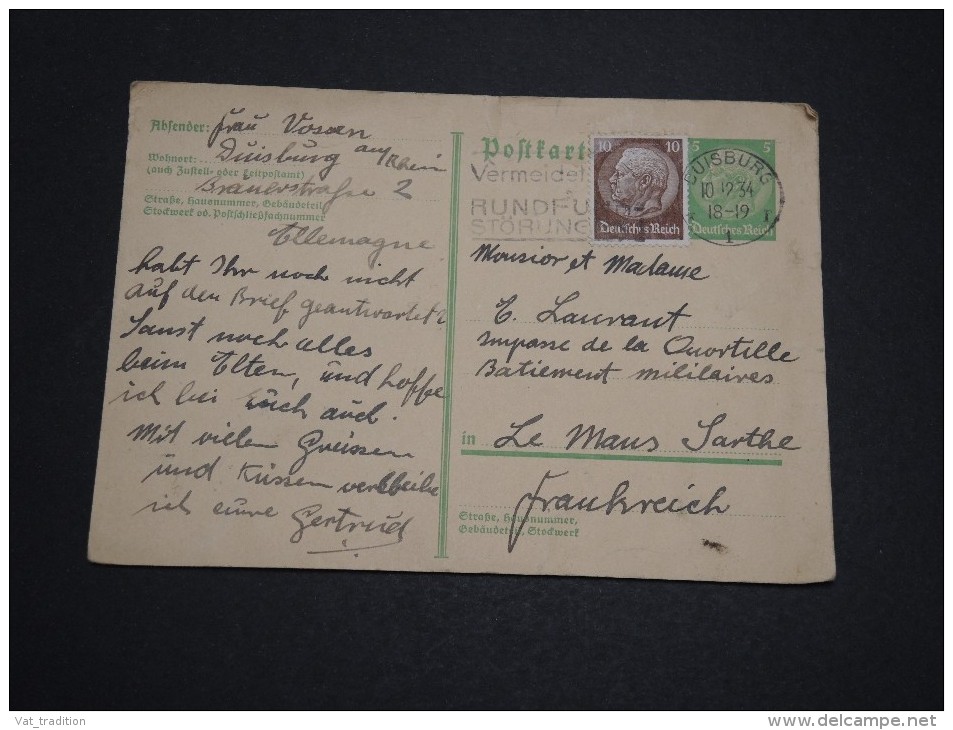 ALLEMAGNE - Entier Postal + Complément De Düisburg Pour La France En 1934 - A Voir - L 4638 - Autres & Non Classés