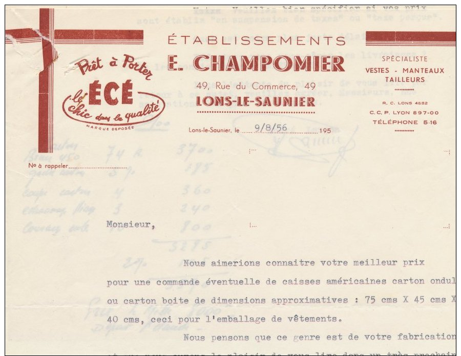 39 :Facture Des établissements E.Champomier Prêt à Porter écé 49 Rue Du Commerce à  Lons- Le- Saunier En 1956 - 1950 - ...