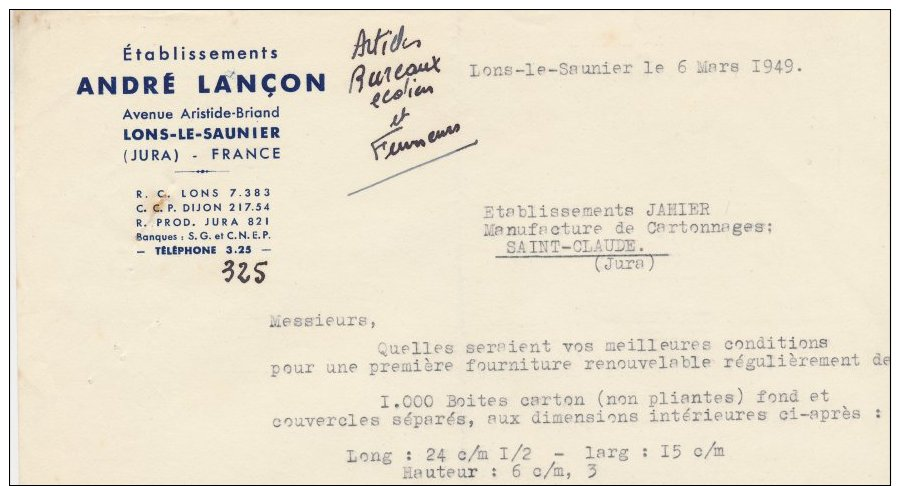 39 :Facture Des établissements André Lançon Avenue Aristide Briand   à  Lons- Le- Saunier En 1949 - 1900 – 1949