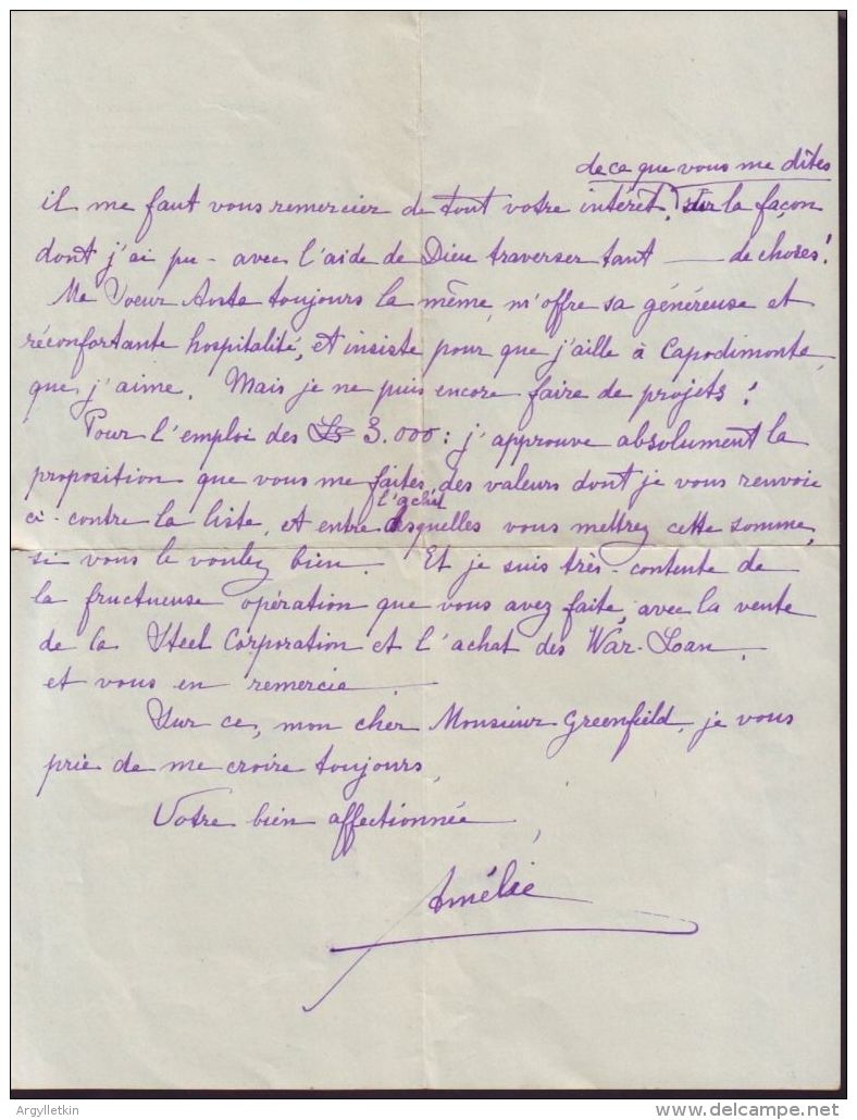 RARE QUEEN AMELIE PORTUGAL LETTER 1939 CHATEAU DE BELLEVUE COUTTS GREENFIELD - Historical Documents