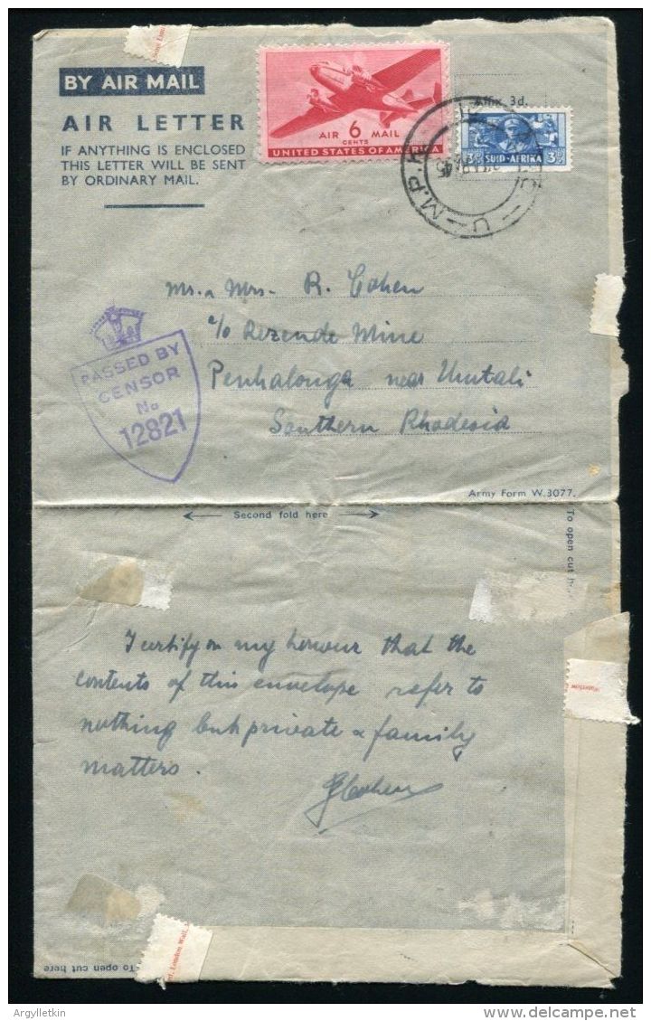 SOUTH AFRICA UNITED STATES WORLD WAR TWO COMBINATION AIRLETTER RHODESIA - Ohne Zuordnung