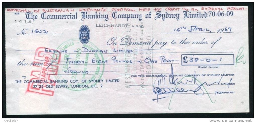 AUSTRALIA KENYA LION GB CHEQUE 1969 - Cheques & Traveler's Cheques