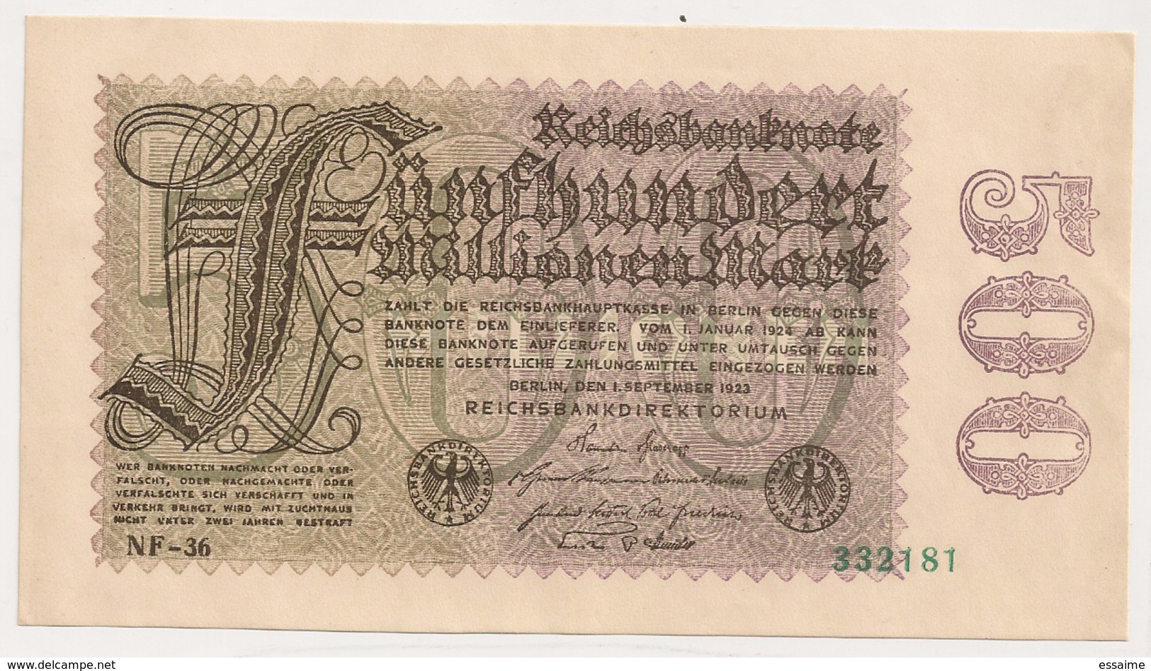 Allemagne. Reichsbanknote 500 Millions Mark. Septembre 1923 Neuf Mint - 500 Mio. Mark