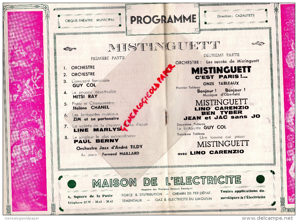 87 - LIMOGES - PROGRAMME CIRQUE THEATRE- CAZAUTETS- OPERA-OPERETTE-MISTINGUETT- WILLM-GALDEMAS-TISSOT-