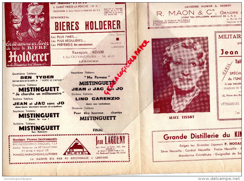 87 - LIMOGES - PROGRAMME CIRQUE THEATRE- CAZAUTETS- OPERA-OPERETTE-MISTINGUETT- WILLM-GALDEMAS-TISSOT-