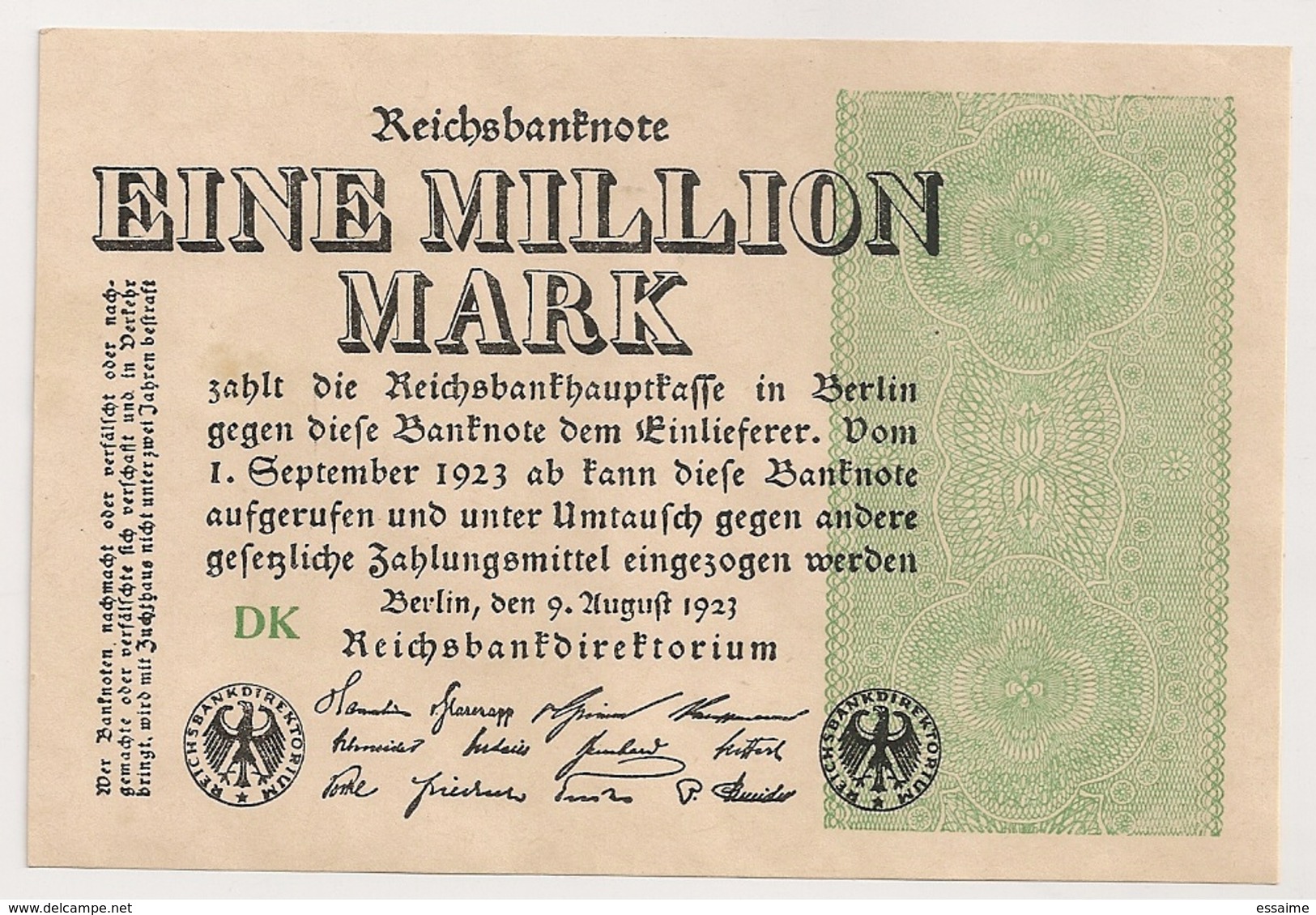 Allemagne. Reichsbanknote 1 Million Mark. Août 1923 Neuf Mint - 1 Miljoen Mark